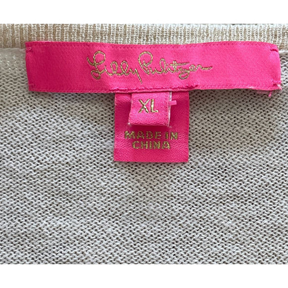 LILLY PULITZER Women's Size XL Beige Gold Metallic Open Front Cardigan Sweater - Picture 2 of 7